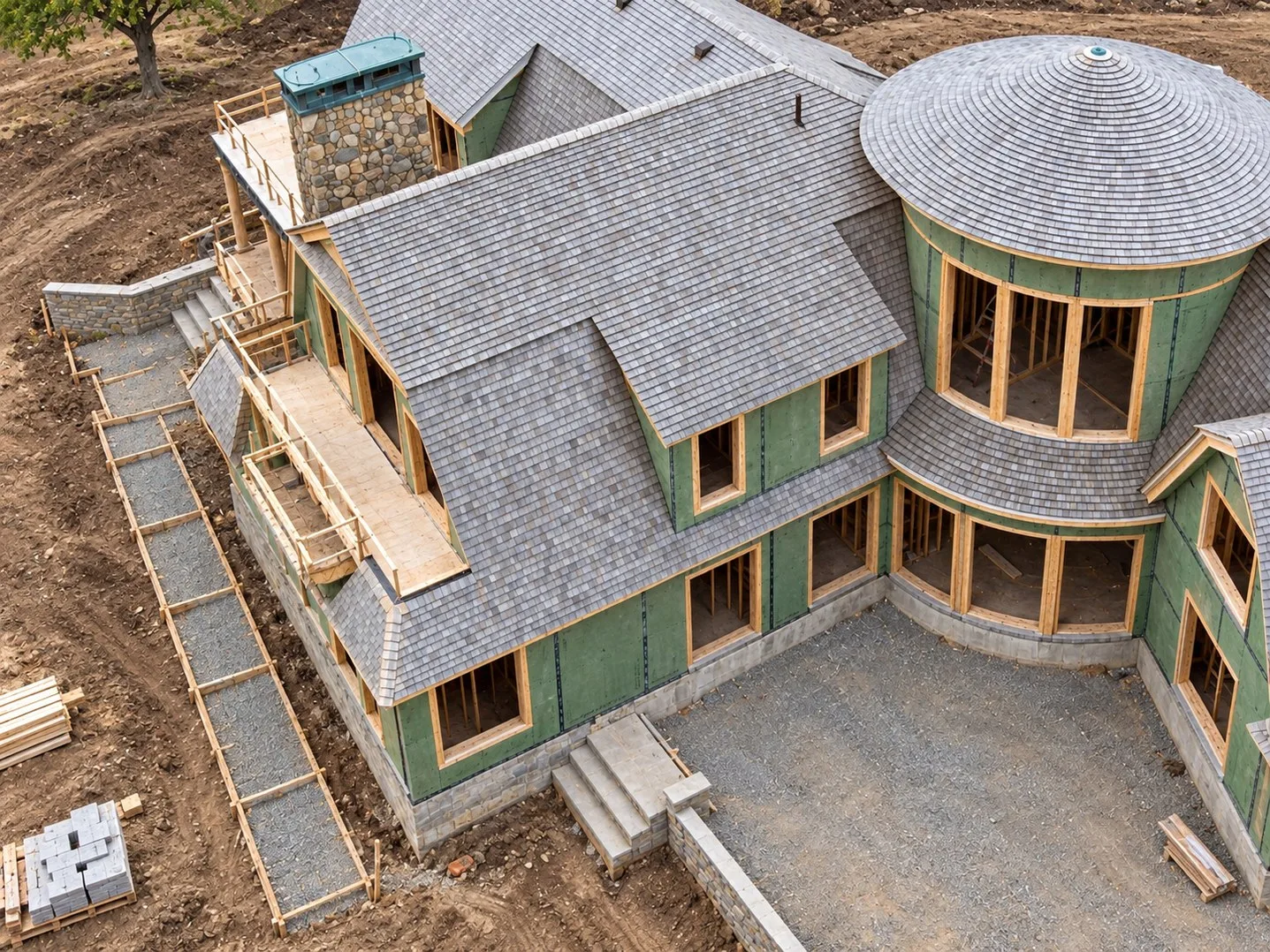 House under construction from above, sheathing and staging still in place