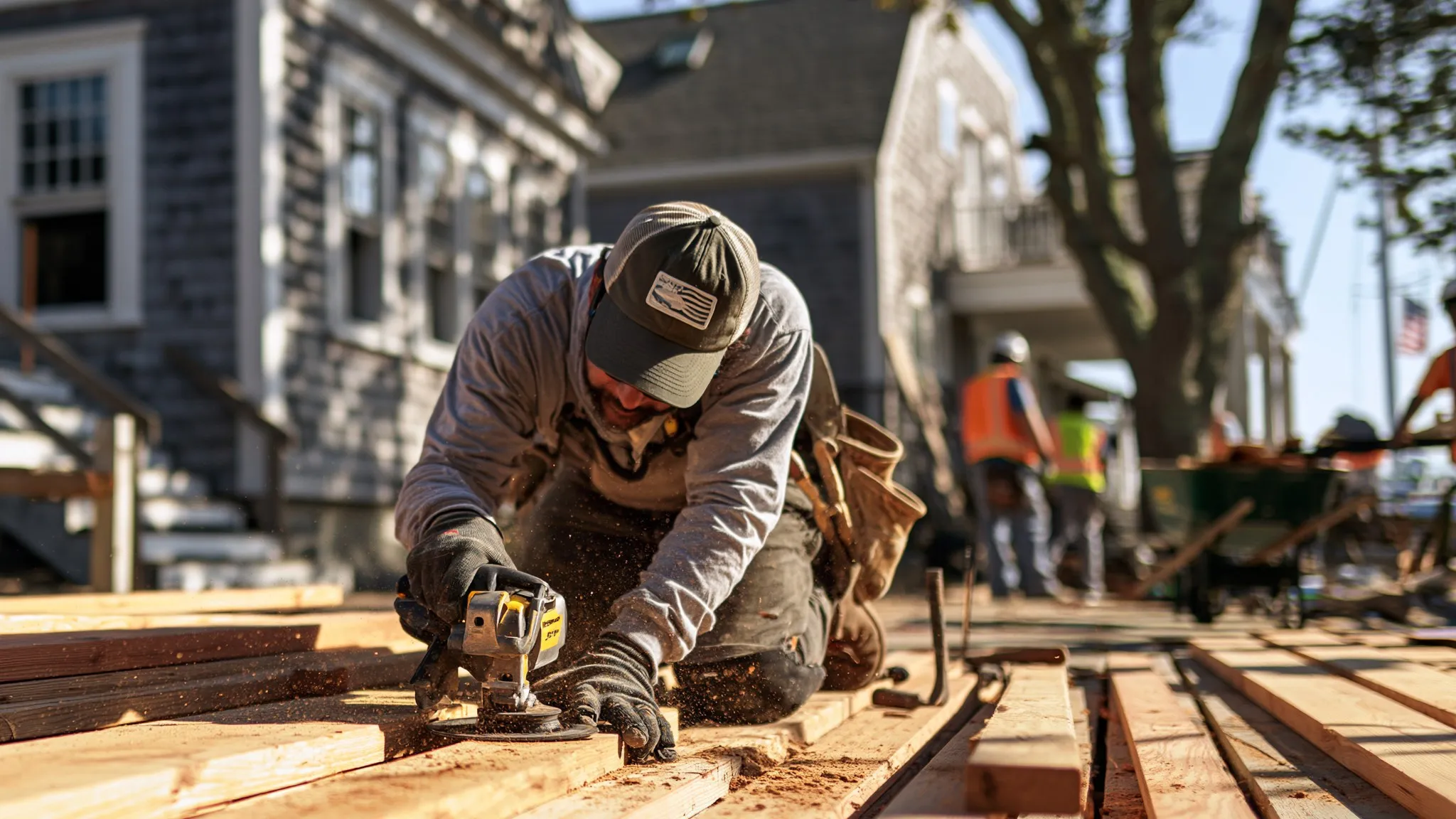 Carpenter fastening decking boards outside a shingled Cape Cod house