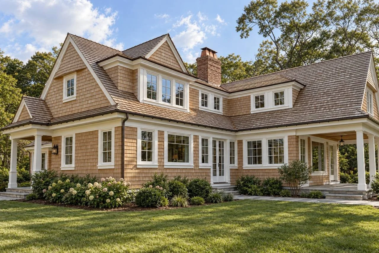 Red cedar shingle house with white trim and a covered porch on Cape Cod